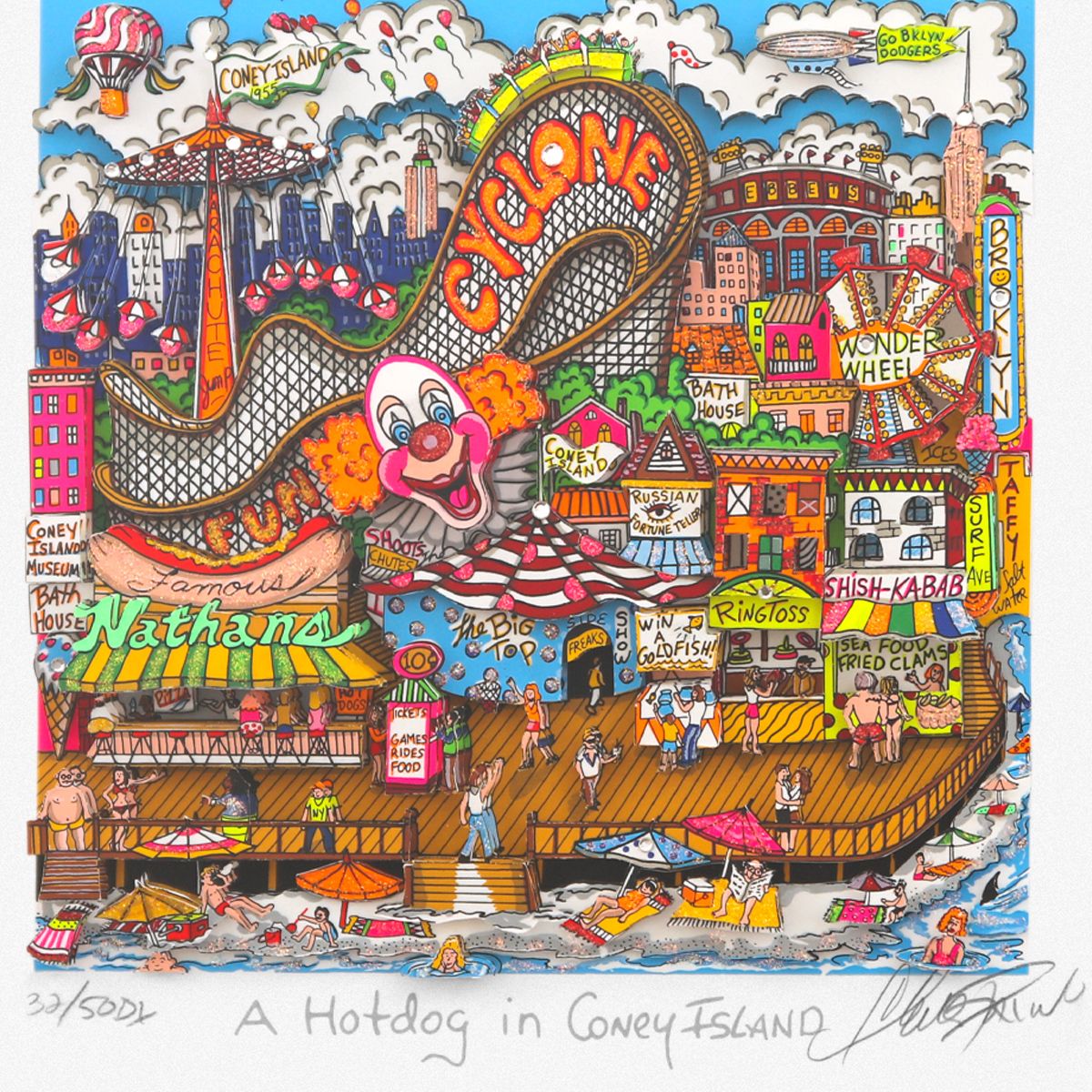 Charles Fazzino- 3D Construction Silkscreen Serigraph "A Hotdog in Coney Island"