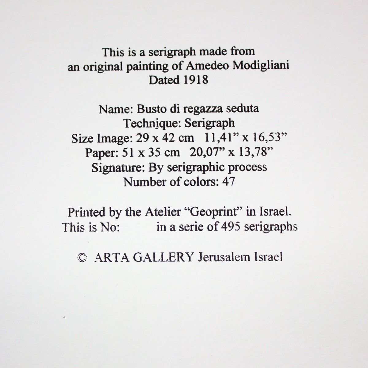 Amedeo Modigliani- Serigraph "Busto Di Regazza Seduta"