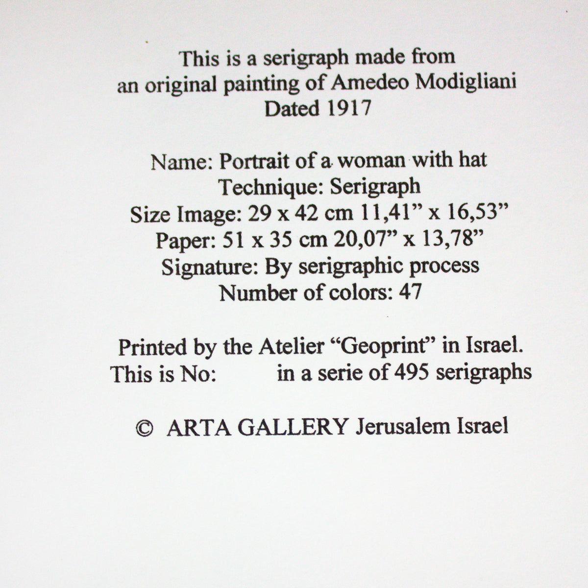 Amedeo Modigliani- Serigraph "Protrait Of A Woman With Hat"