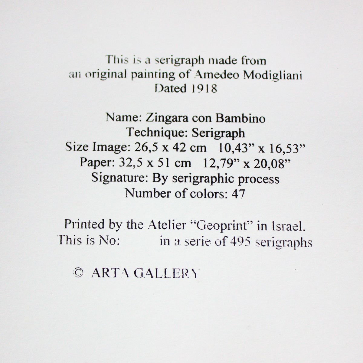 Amedeo Modigliani- Serigraph "Zingara Con Bambino"