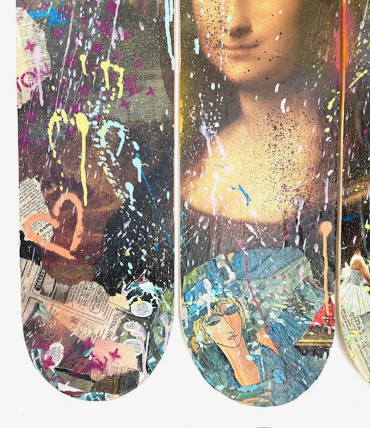 E.M. Zax- 1/1 mixed media collage and paints on 3X wood Skatboard decks