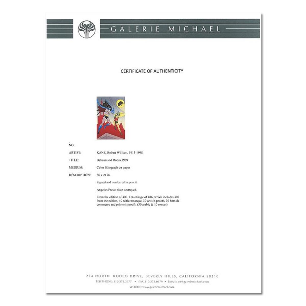 Bob Kane (1915-1998), "Batman and Robin" Framed Hand Signed Limited Edition Original Lithograph with Certificate of Authenticity.