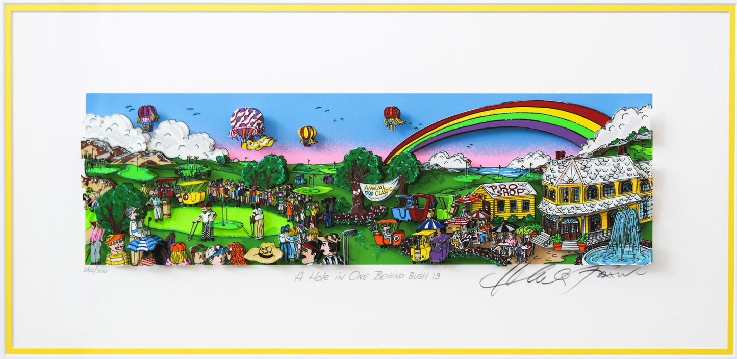 Charles Fazzino- 3D Construction Silkscreen Serigraph "A Hole In One Behind Bush 13 (Yellow)"