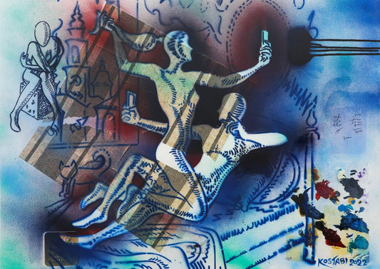 Mark Kostabi- Original Mixed Media on Paper "Tipping High, 2022"