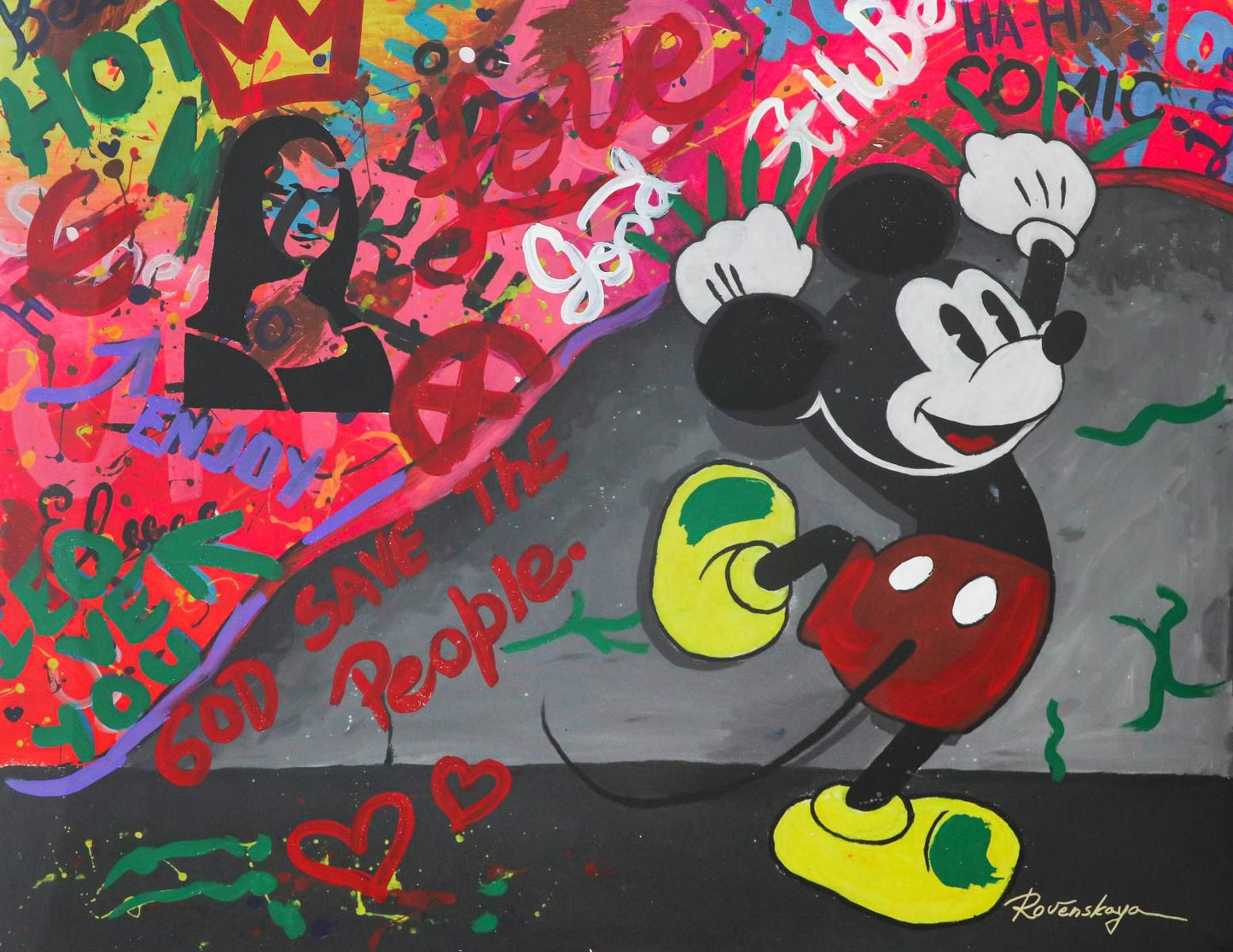 Nastya Rovenskaya- Original Mixed Media on Paper "mickey Is The Boss"