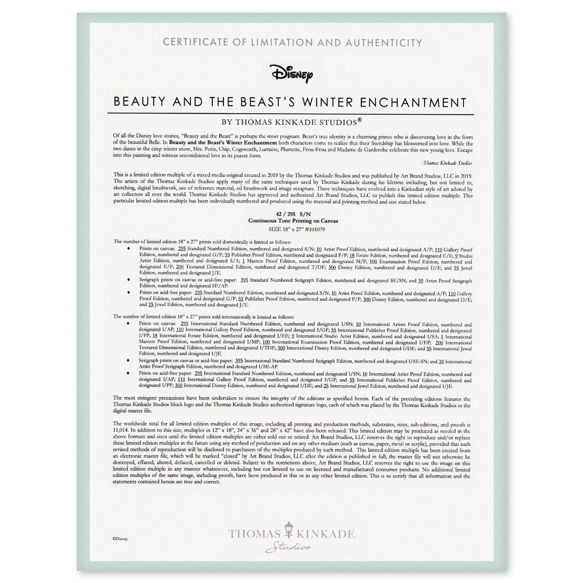 Thomas Kinkade- Hand Embellished Giclee on Canvas "Beauty and the Beast's Winter Enchantment"