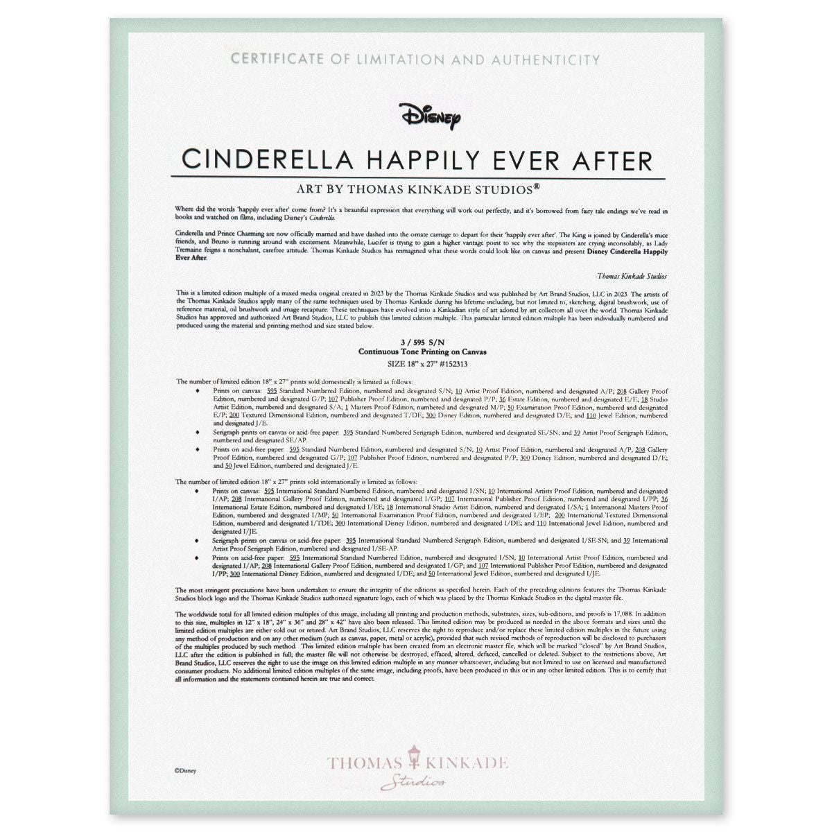 Thomas Kinkade- Hand Embellished Giclee on Canvas "Cinderella Happily Ever After"