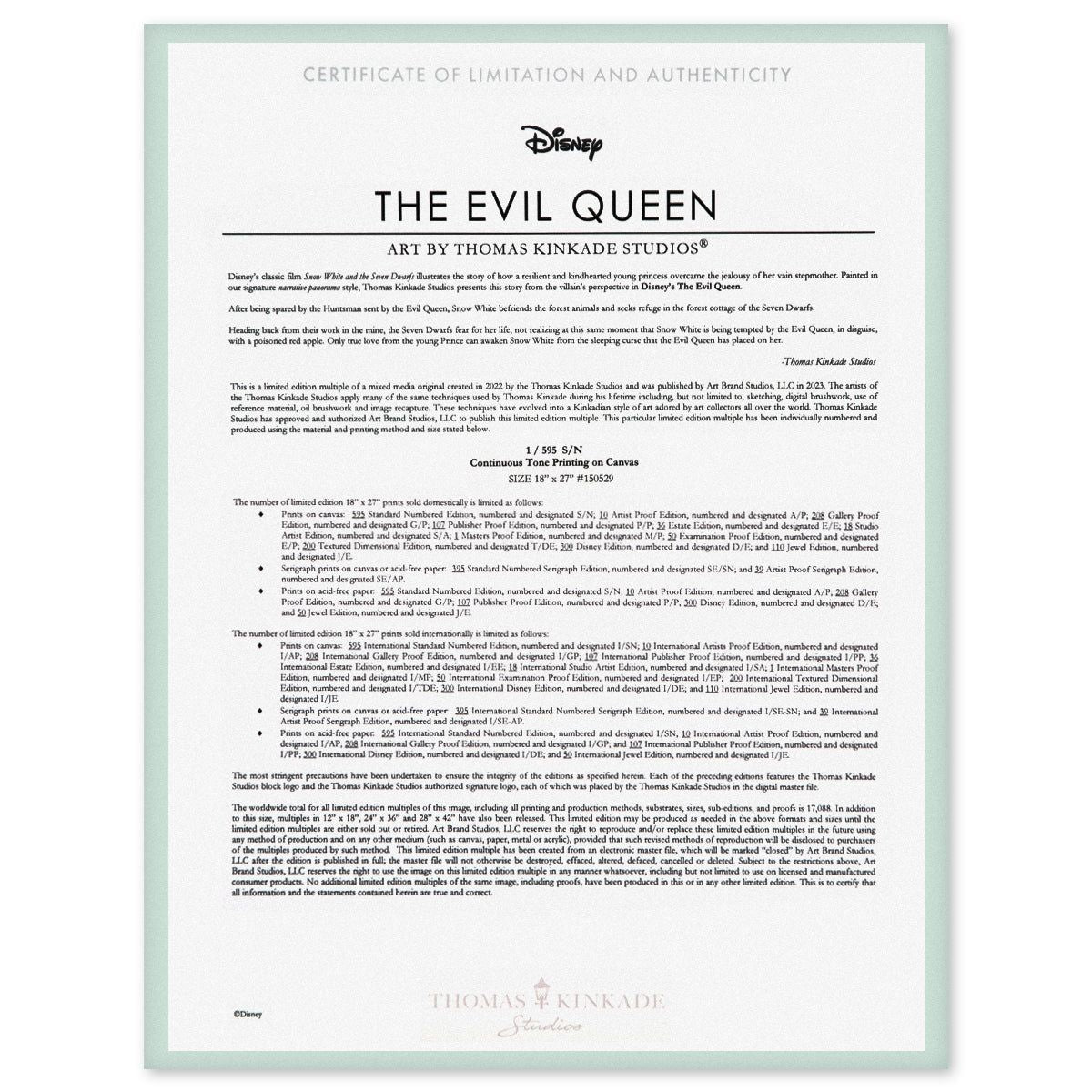 Thomas Kinkade- Hand Embellished Giclee on Canvas "The Evil Queen"