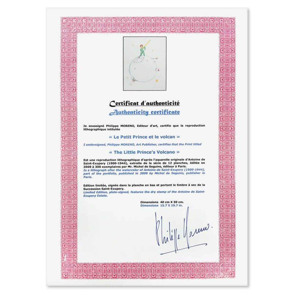 Antoine de Saint-Exupery 1900-1944 (After), "The Little Prince's Volcano" Framed Limited Edition Lithograph with Certificate of Authenticity.