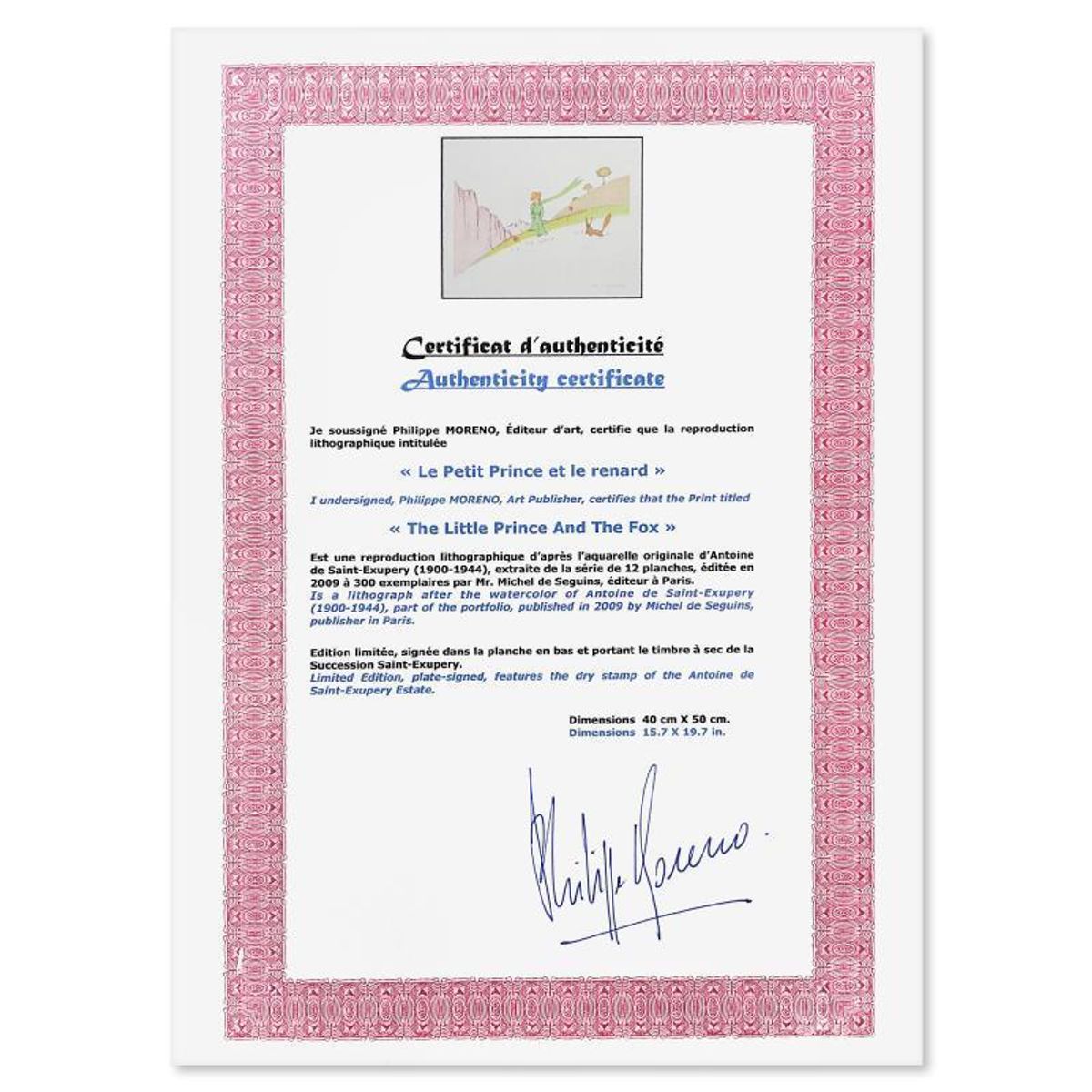 Antoine de Saint-Exupery 1900-1944 (After), "The Little Prince And The Fox" Framed Limited Edition Lithograph with Certificate of Authenticity.