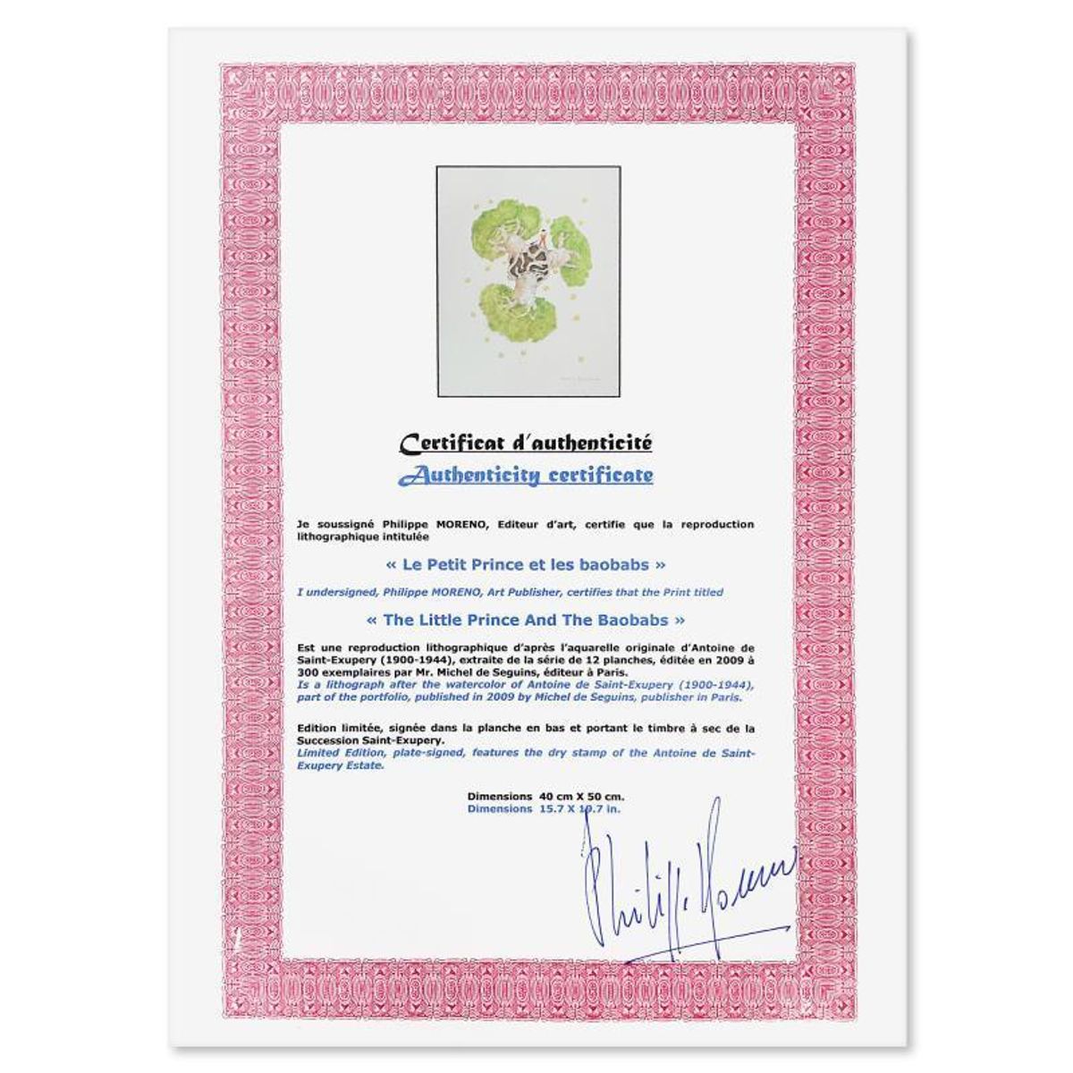 Antoine de Saint-Exupery 1900-1944 (After), "The Little Prince And The Baobabs" Framed Limited Edition Lithograph with Certificate of Authenticity.