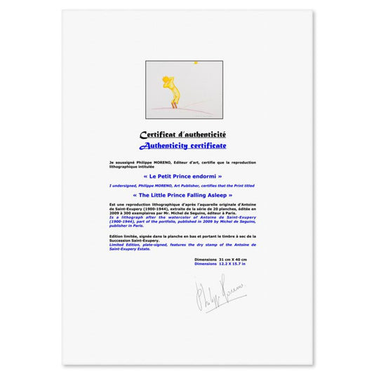 Antoine de Saint-Exupery 1900-1944 (After), "The Little Prince Falling Asleep" Framed Limited Edition Lithograph with Certificate of Authenticity