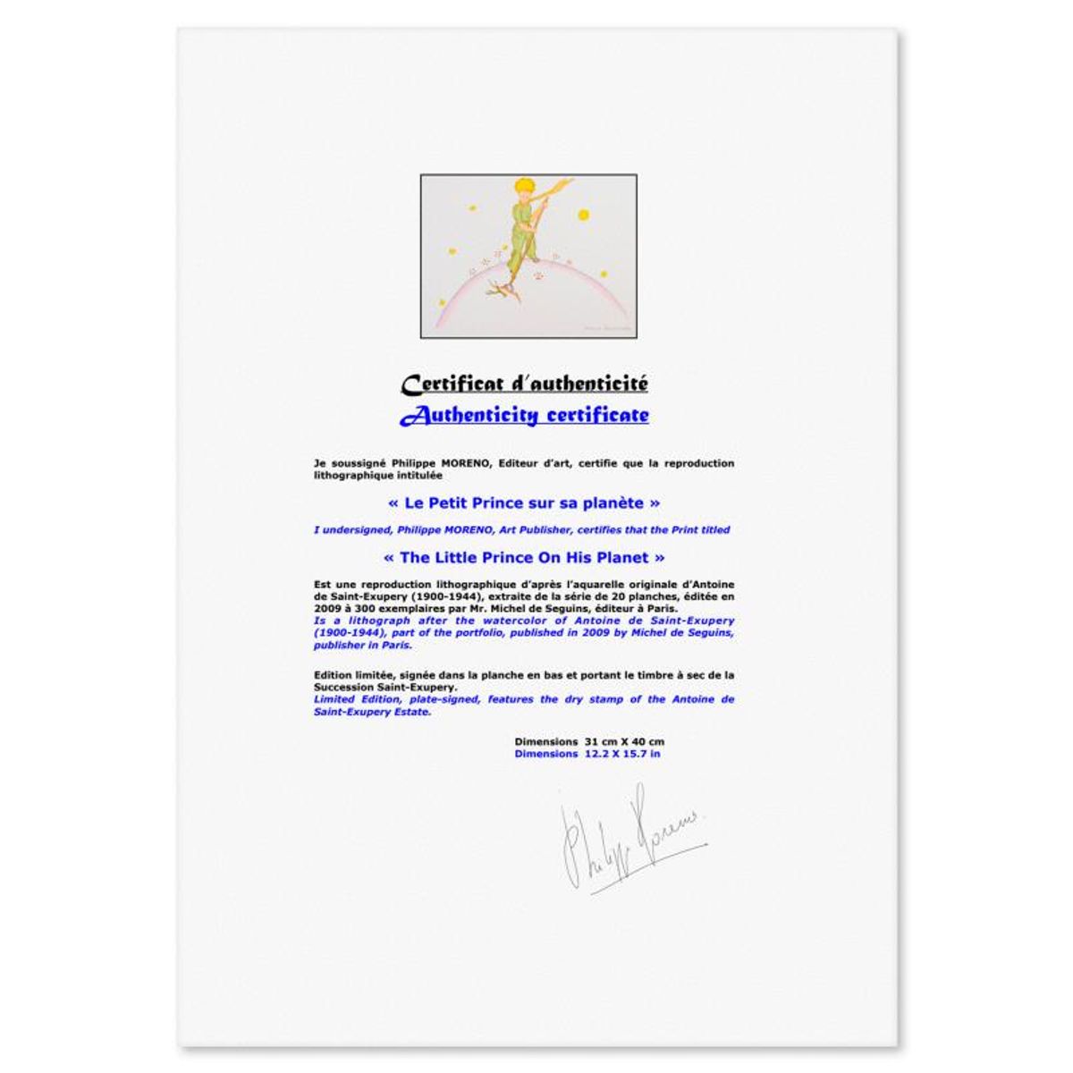 Antoine de Saint-Exupery 1900-1944 (After), "The Little Prince On His Planet" Framed Limited Edition Lithograph with Certificate of Authenticity