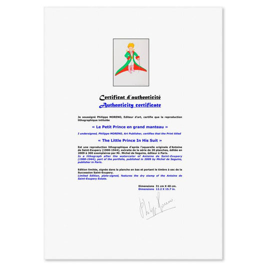 Antoine de Saint-Exupery 1900-1944 (After), "The Little Prince In His Suit" Framed Limited Edition Lithograph with Certificate of Authenticity