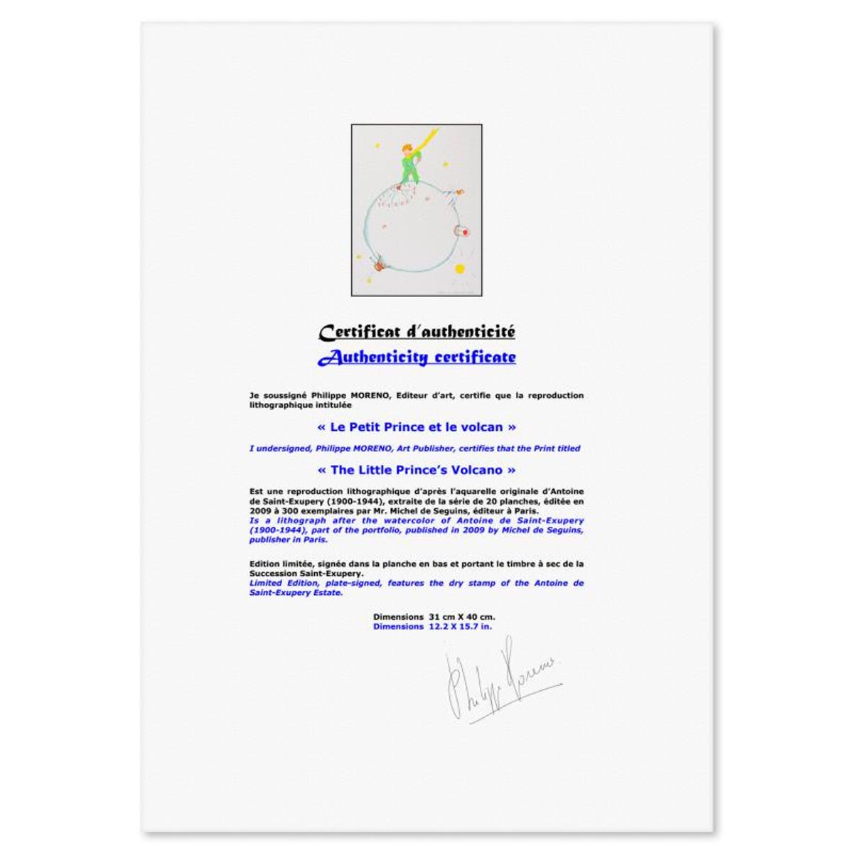 Antoine de Saint-Exupery 1900-1944 (After), "The Little Prince's Volcano" Framed Limited Edition Lithograph with Certificate of Authenticity