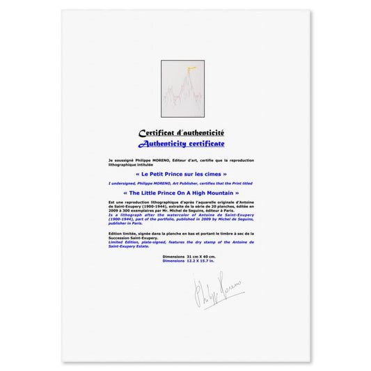 Antoine de Saint-Exupery 1900-1944 (After), "The Little Prince On A High Mountain" Framed Limited Edition Lithograph with Certificate of Authenticity