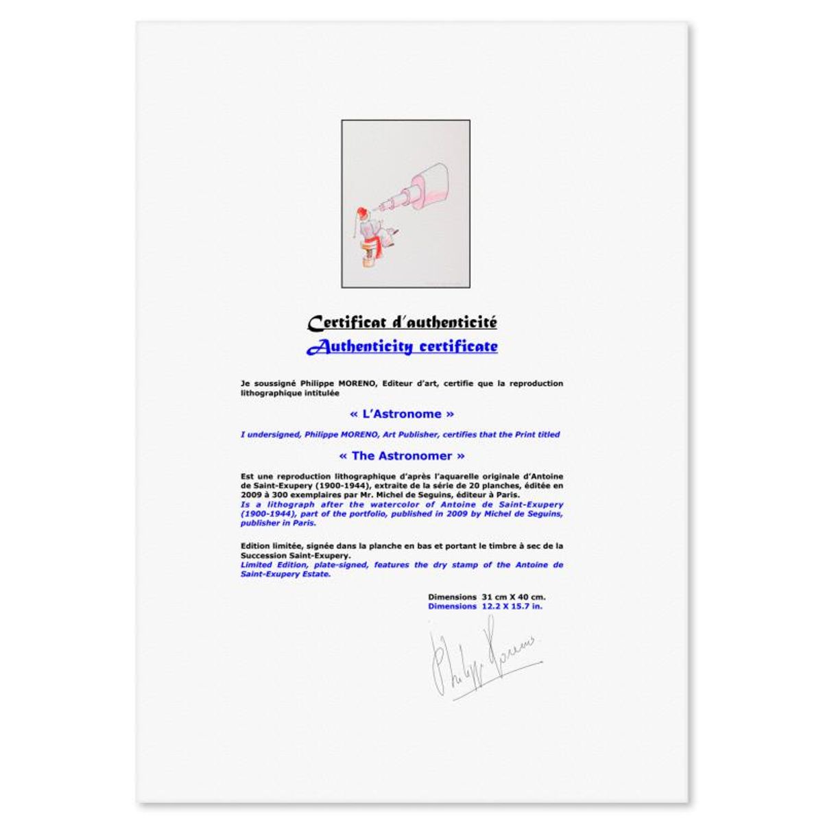 Antoine de Saint-Exupery 1900-1944 (After), "The Astronomer" Framed Limited Edition Lithograph with Certificate of Authenticity