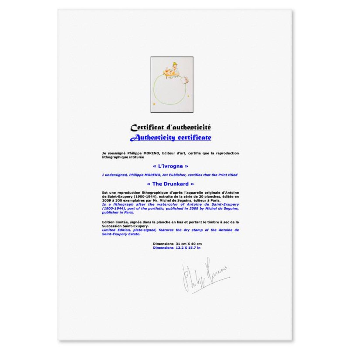 Antoine de Saint-Exupery 1900-1944 (After), "The Drunkard" Framed Limited Edition Lithograph with Certificate of Authenticity