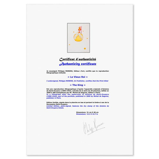 Antoine de Saint-Exupery 1900-1944 (After), "The King" Framed Limited Edition Lithograph with Certificate of Authenticity