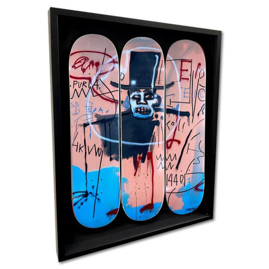Jean-Michel Basquiat (1960-1988), "The Guilt of Gold Teeth, 1982" Framed Skateboard Triptych, Plate Signed with Letter of Authenticity.