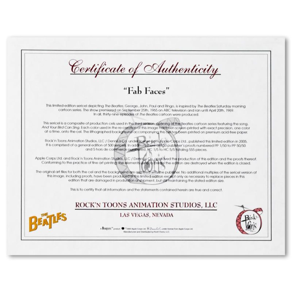 The Beatles, "Fab Faces" Limited Edition Sericel with Certificate of Authenticity.