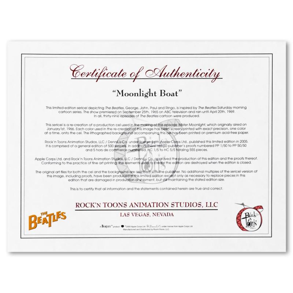 The Beatles, "Moonlight Boat" Limited Edition Sericel with Certificate of Authenticity.