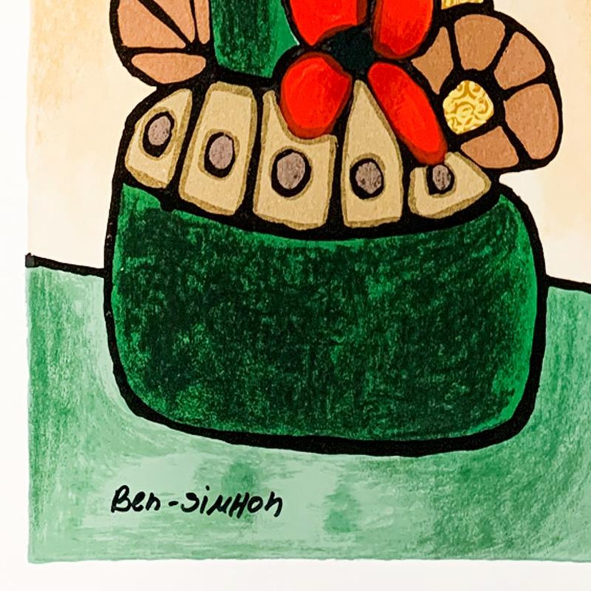 Ben Simhon, "Green Vase" Hand Signed Limited Edition Serigraph on Paper with Letter of Authenticity.