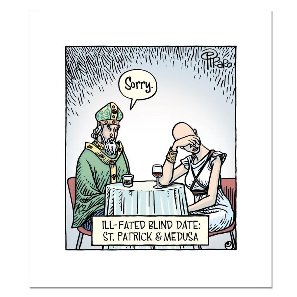 Bizarro, "Medusa St Patrick" Numbered Limited Edition Hand Signed by Creator Dan Piraro; Letter of Authenticity.