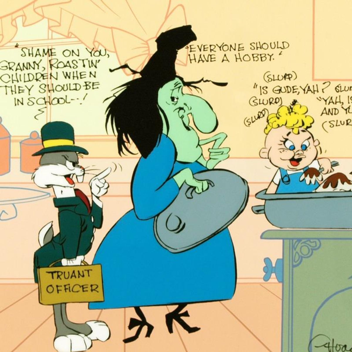 Bugs and Witch Hazel: Truant Officer Limited Edition Animation Cel Edition with Hand Painted Color, Numbered and Hand Signed by Chuck Jones (1912-2002) with Certificate of Authenticity.