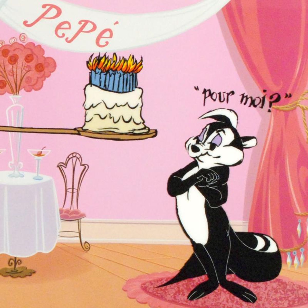 Pepe's 50th Birthday by Chuck Jones (1912-2002). Limited Edition Animation Cel 25" x 10.5" with Hand Painted Color. Numbered and Hand Signed with Certificate of Authenticity.
