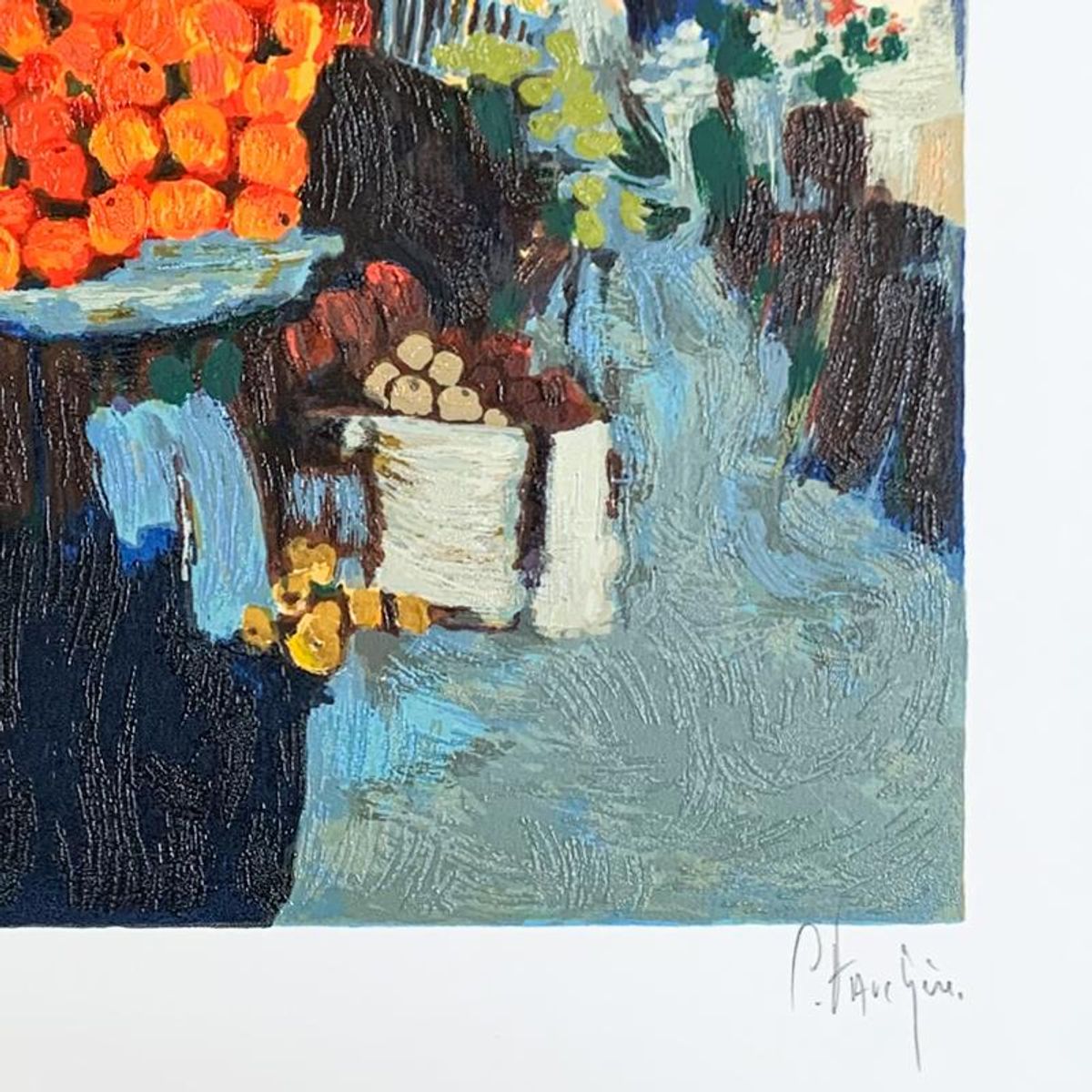 Claude Fauchere, "The Fruit Market" Hand Signed Limited Edition Serigraph on Paper with Letter of Authenticity.
