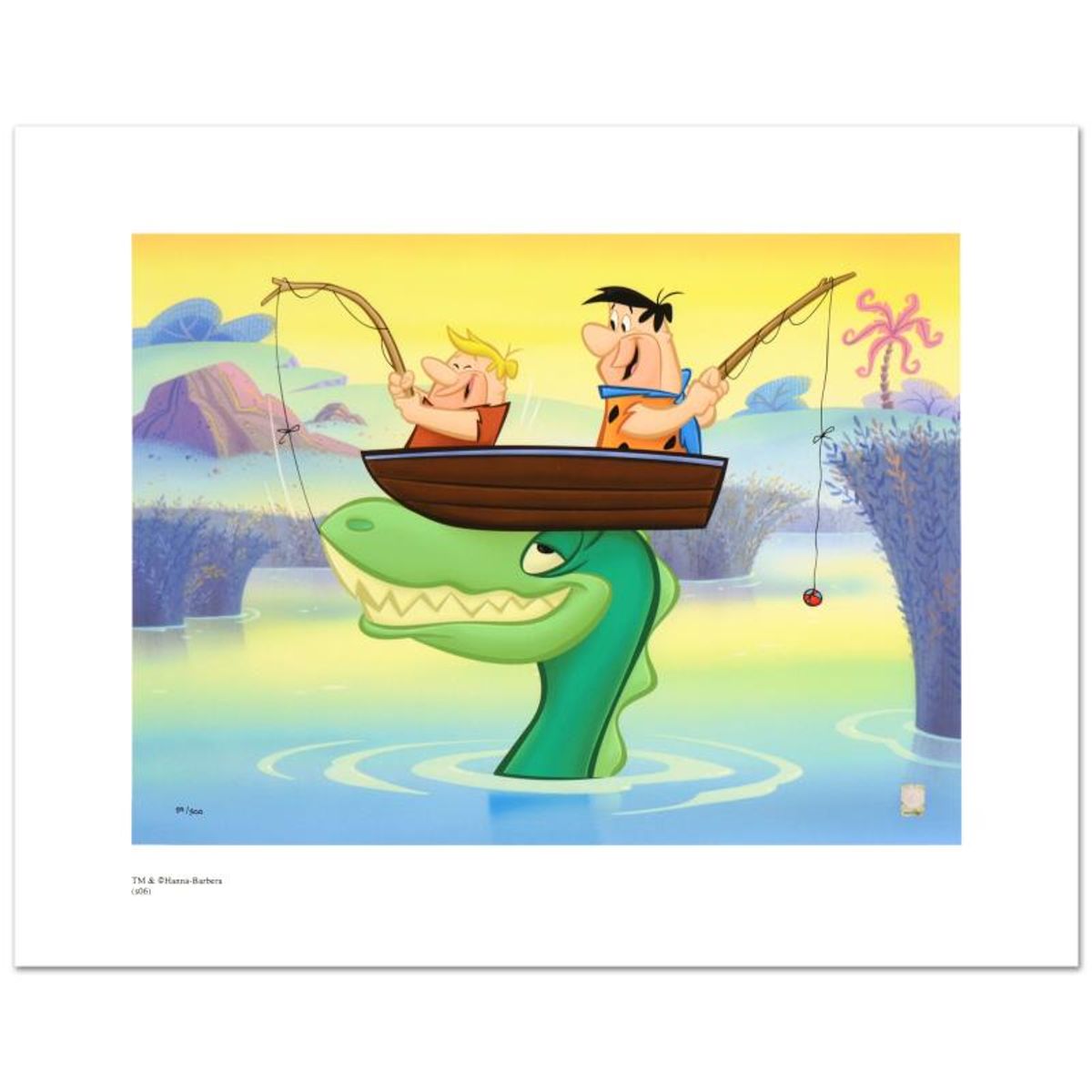 Fred and Barney Fishing Limited Edition Giclee from Hanna-Barbera, Numbered with Hologram Seal and Certificate of Authenticity.
