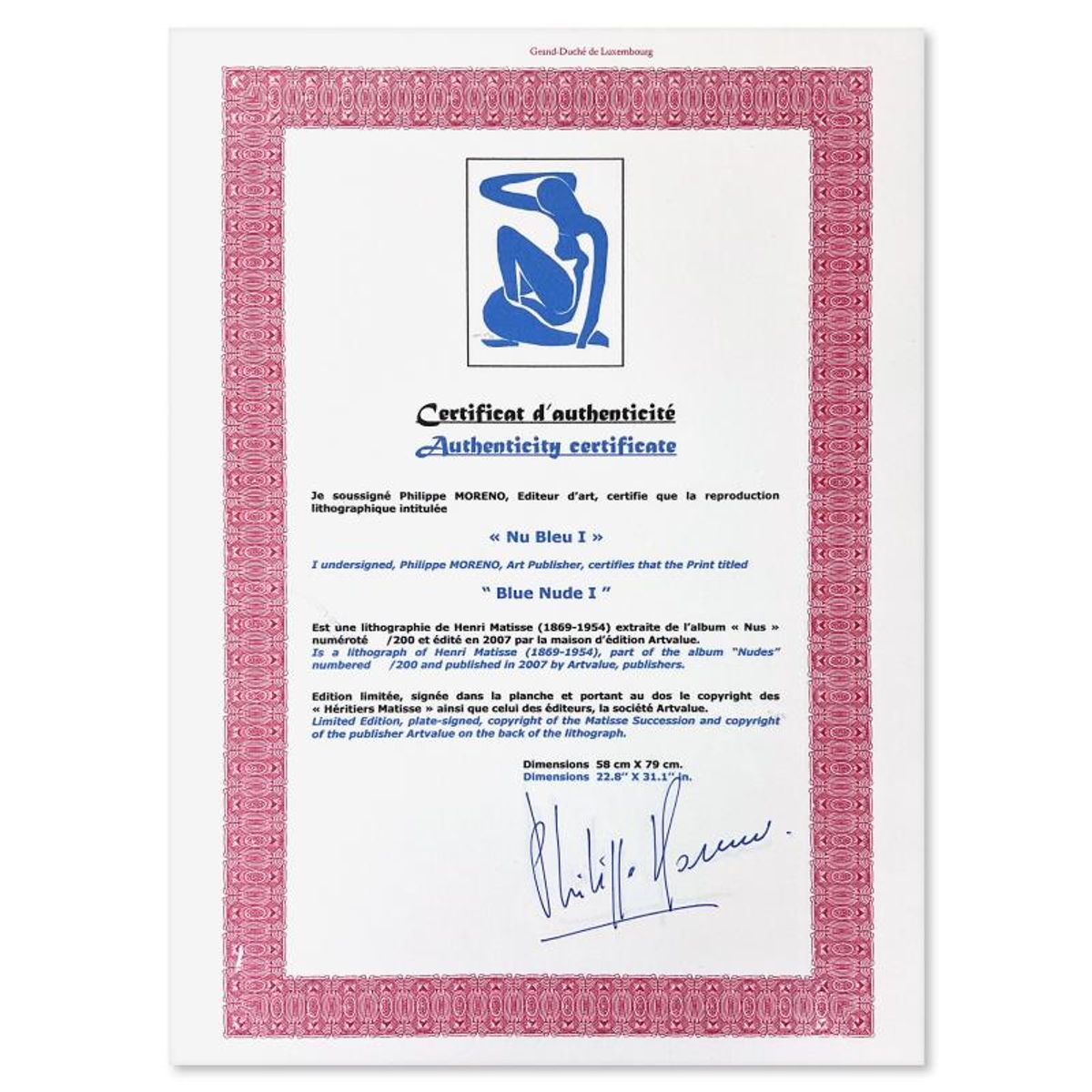 Henri Matisse 1869-1954 (After), "Nu Bleu I" Framed Limited Edition Lithograph with Certificate of Authenticity.