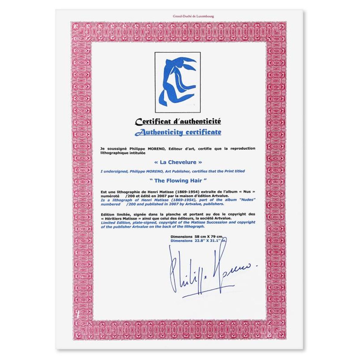 Henri Matisse 1869-1954 (After), "La Chevelure" Framed Limited Edition Lithograph with Certificate of Authenticity.