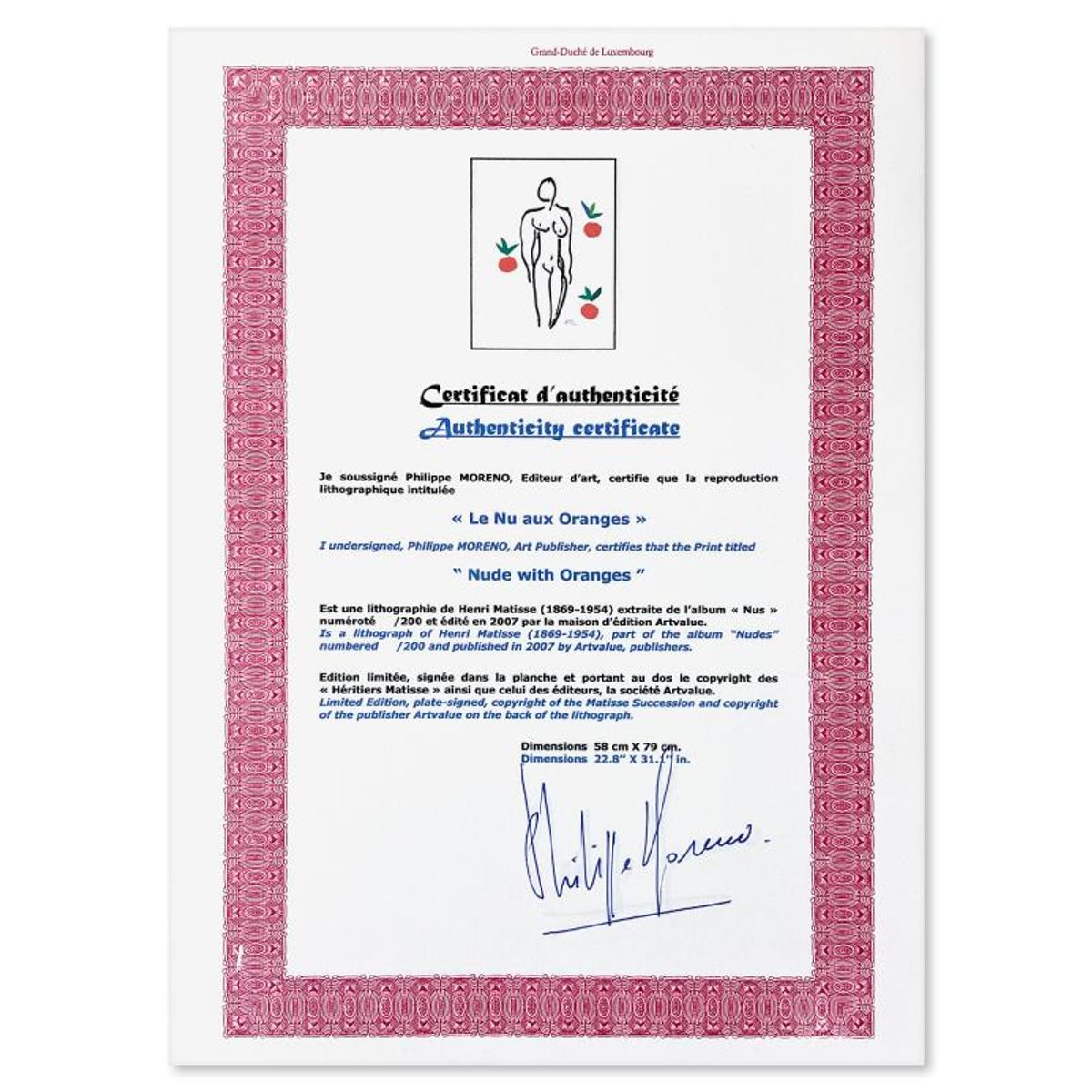 Henri Matisse 1869-1954 (After), "Le Nu aux oranges" Framed Limited Edition Lithograph with Certificate of Authenticity.