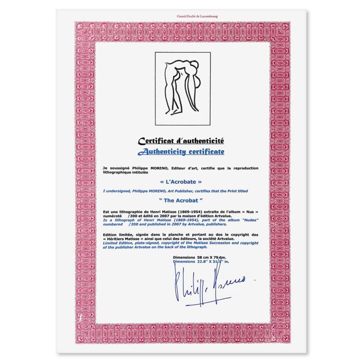 Henri Matisse 1869-1954 (After), "L'Acrobate" Framed Limited Edition Lithograph with Certificate of Authenticity.