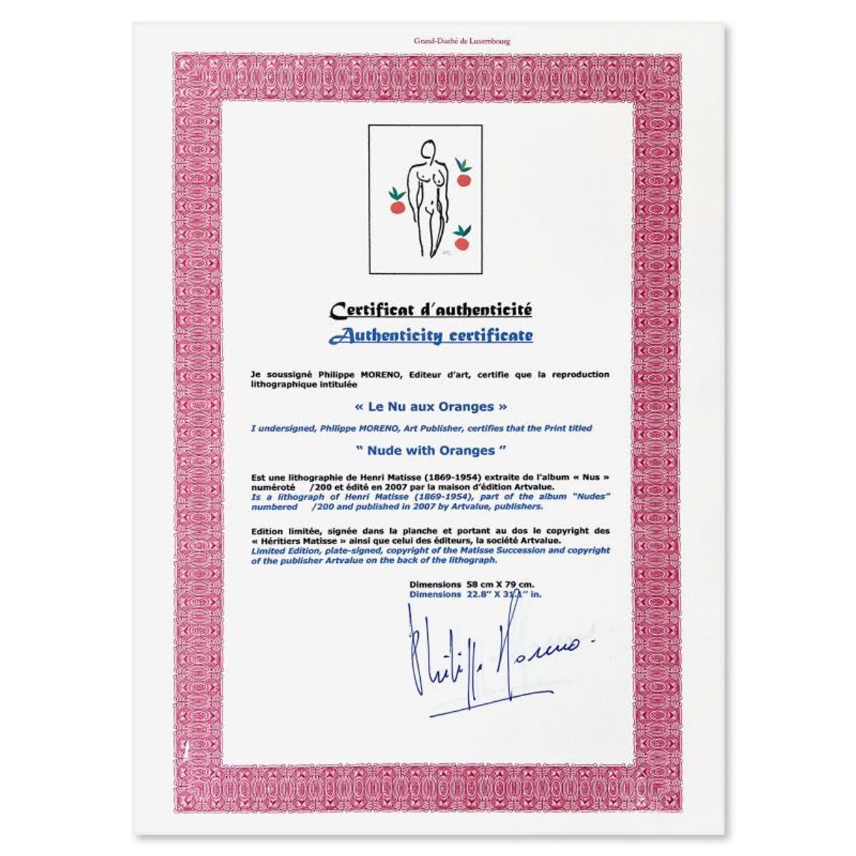 Henri Matisse 1869-1954 (After), "Le Nu aux oranges" Framed Limited Edition Lithograph with Certificate of Authenticity.