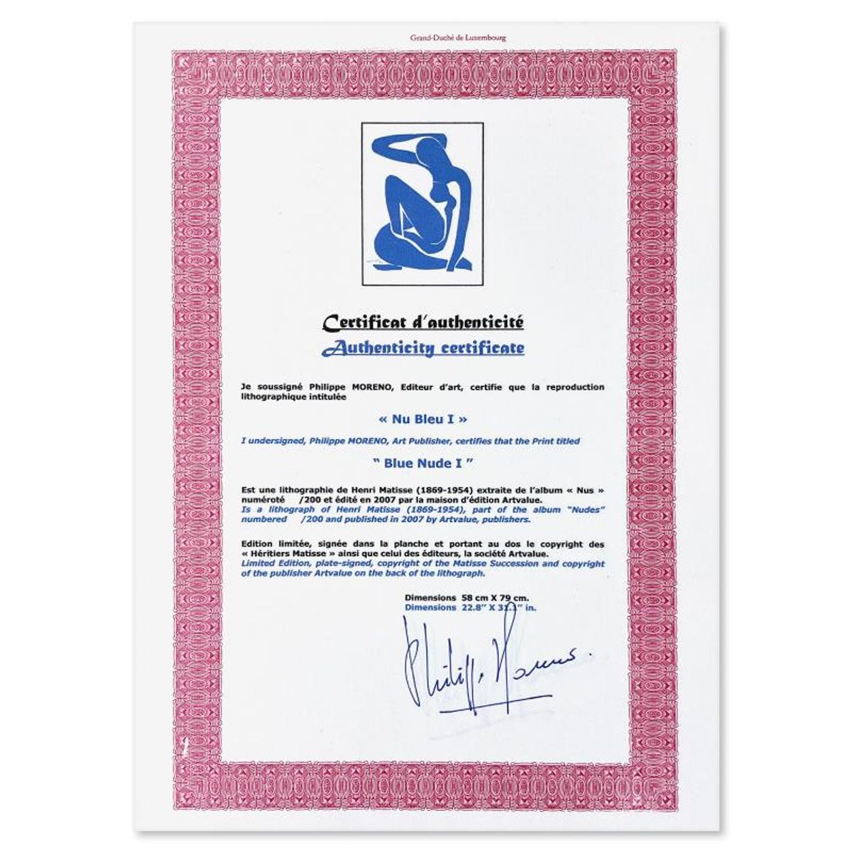 Henri Matisse 1869-1954 (After), "Nu Bleu I" Limited Edition Lithograph with Certificate of Authenticity.