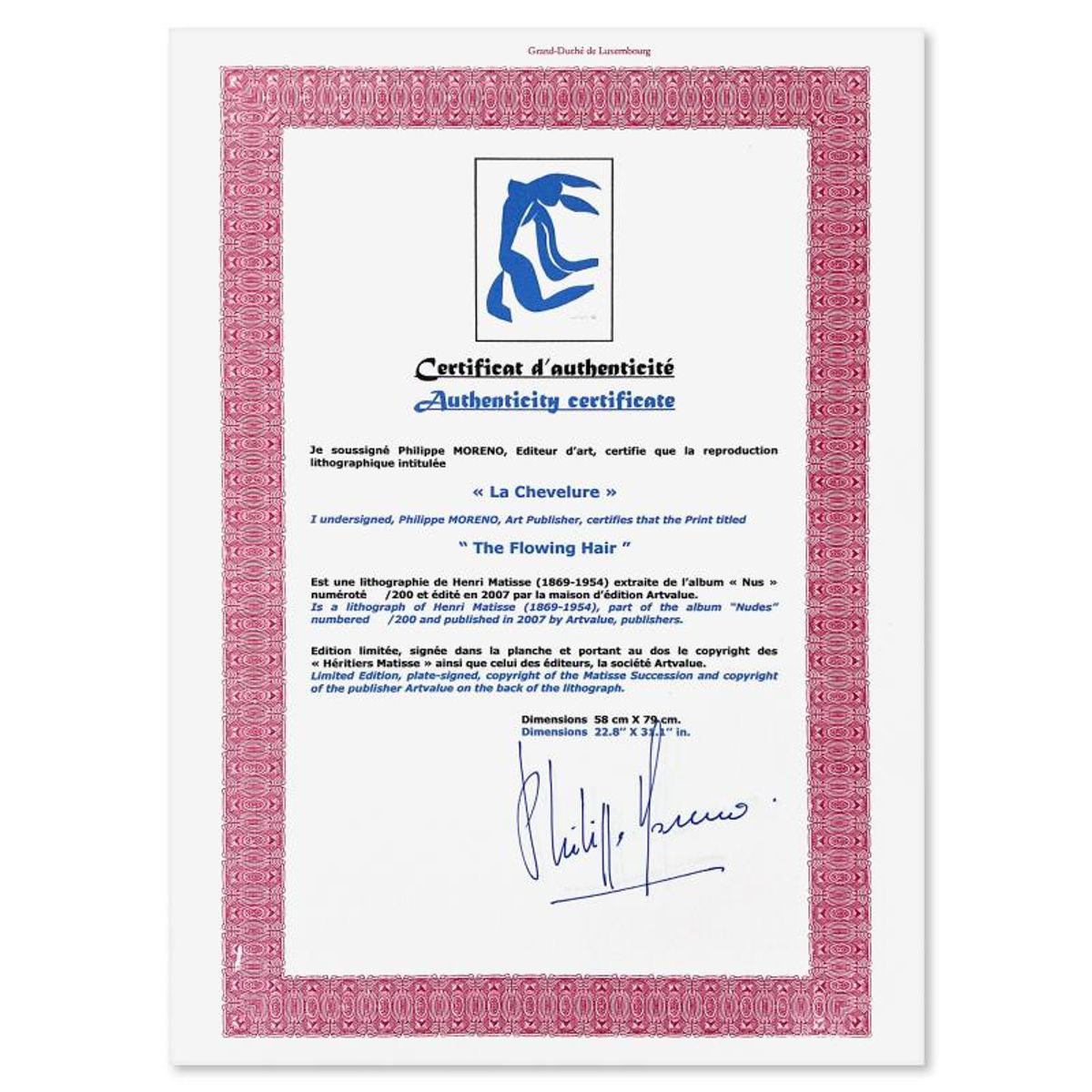 Henri Matisse 1869-1954 (After), "La Chevelure" Limited Edition Lithograph with Certificate of Authenticity.