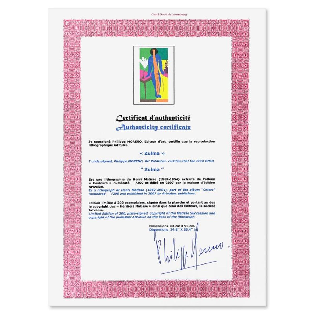 Henri Matisse 1869-1954 (After), "Zulma" Framed Limited Edition Lithograph with Certificate of Authenticity.