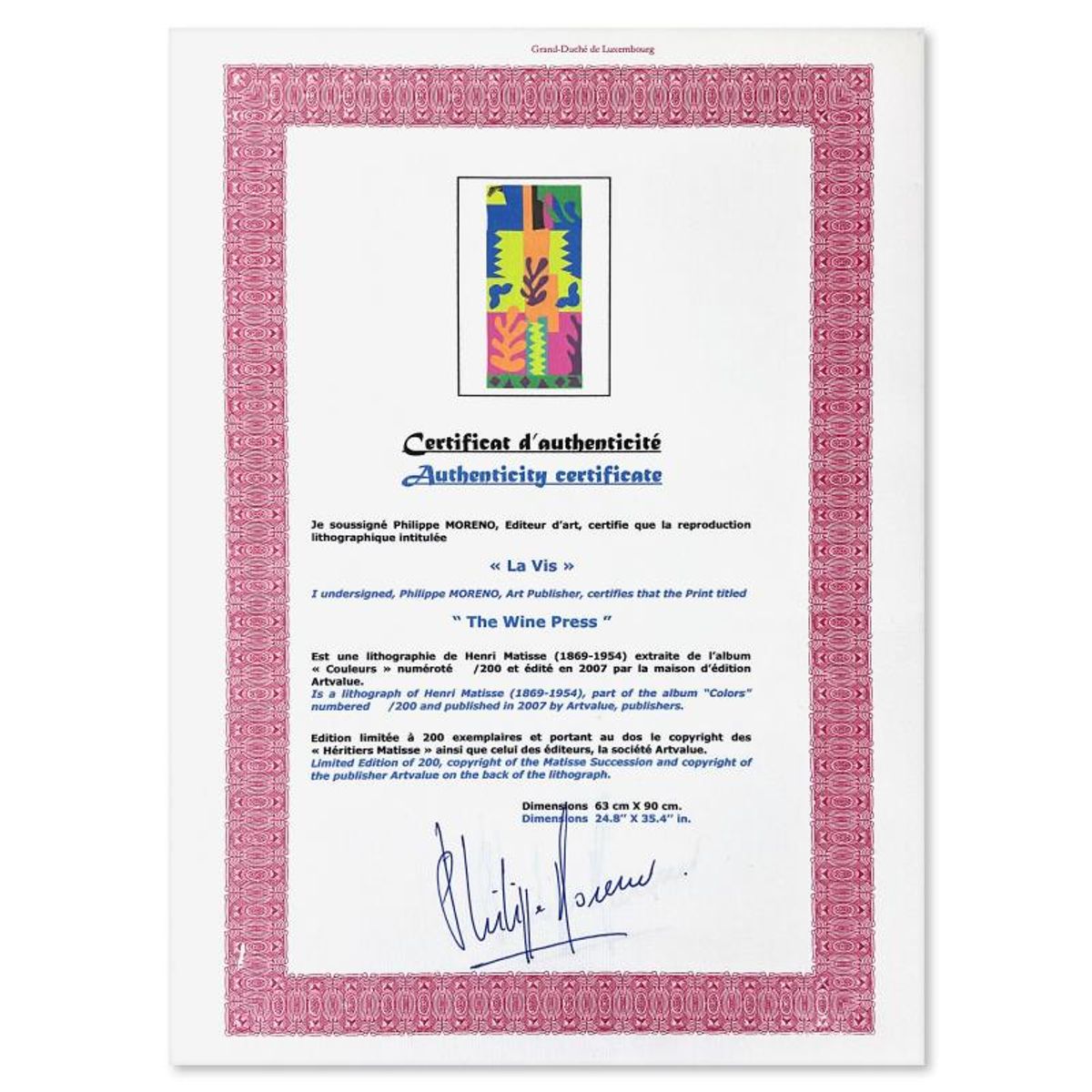 Henri Matisse 1869-1954 (After), "La Vis" Framed Limited Edition Lithograph with Certificate of Authenticity.