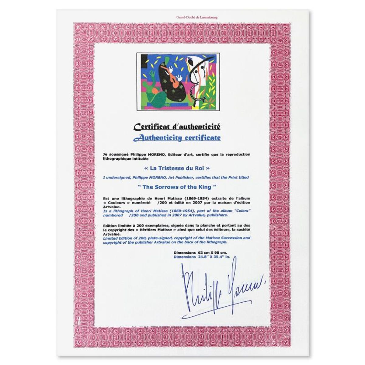 Henri Matisse 1869-1954 (After), "La Tristesse du roi" Framed Limited Edition Lithograph with Certificate of Authenticity.