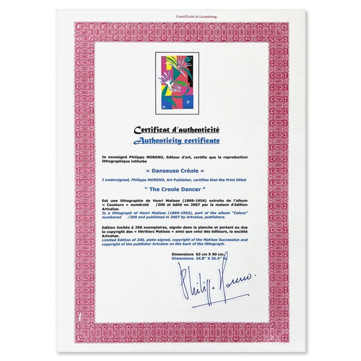 Henri Matisse 1869-1954 (After), "Danseuse Creole" Framed Limited Edition Lithograph with Certificate of Authenticity.