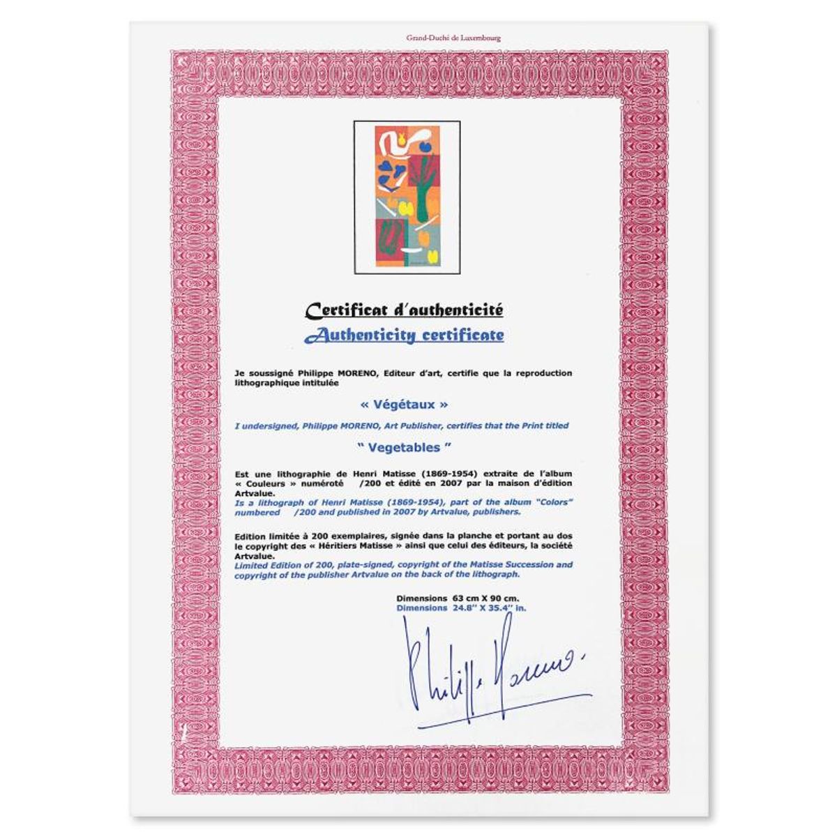 Henri Matisse 1869-1954 (After), "Vegetaux" Framed Limited Edition Lithograph with Certificate of Authenticity.