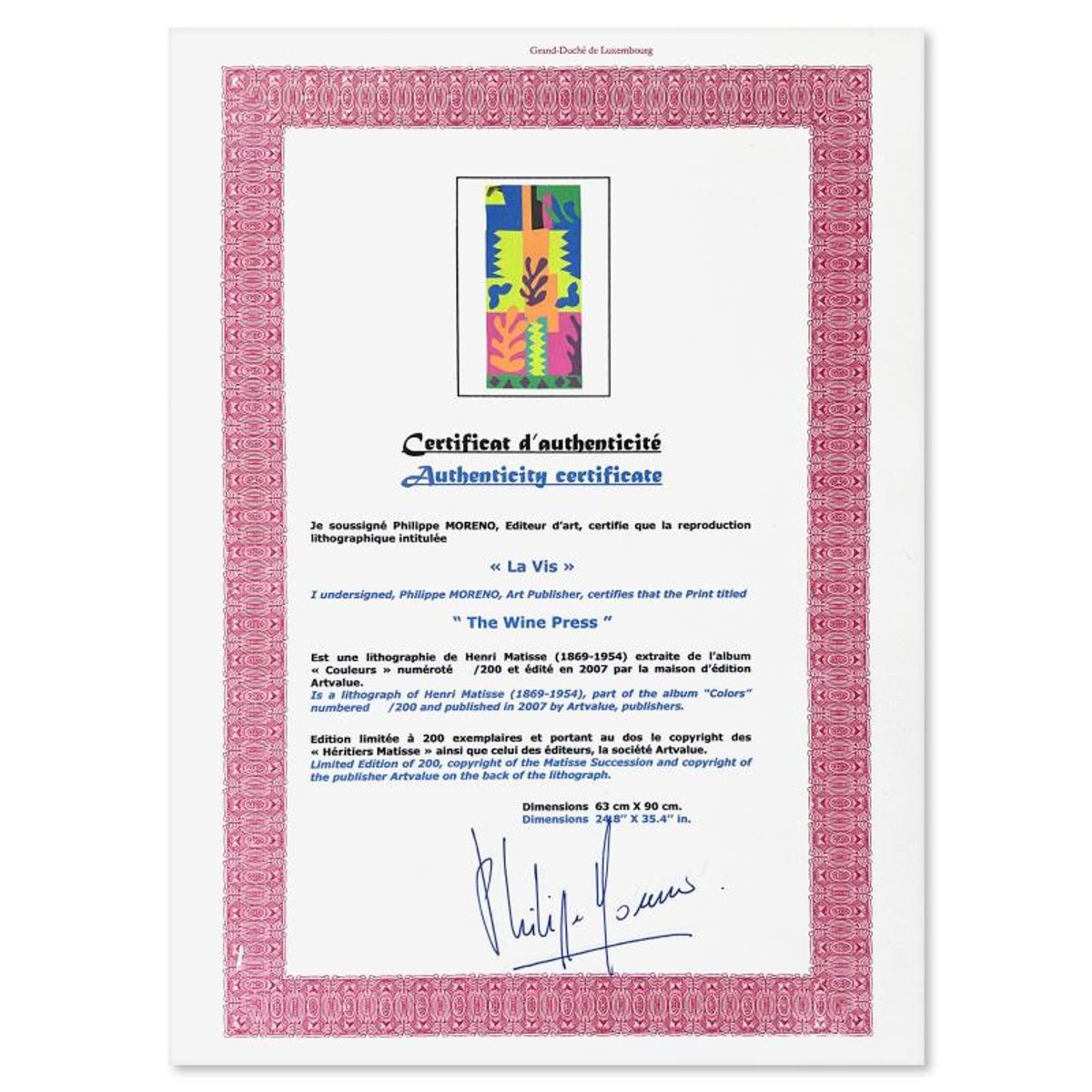 Henri Matisse 1869-1954 (After), "La Vis" Limited Edition Lithograph with Certificate of Authenticity.