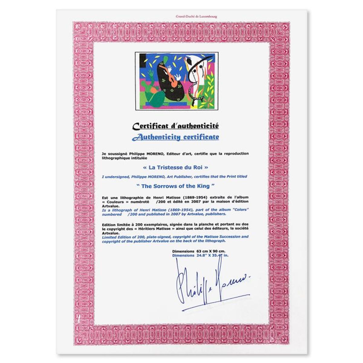Henri Matisse 1869-1954 (After), "La Tristesse du roi" Limited Edition Lithograph with Certificate of Authenticity.