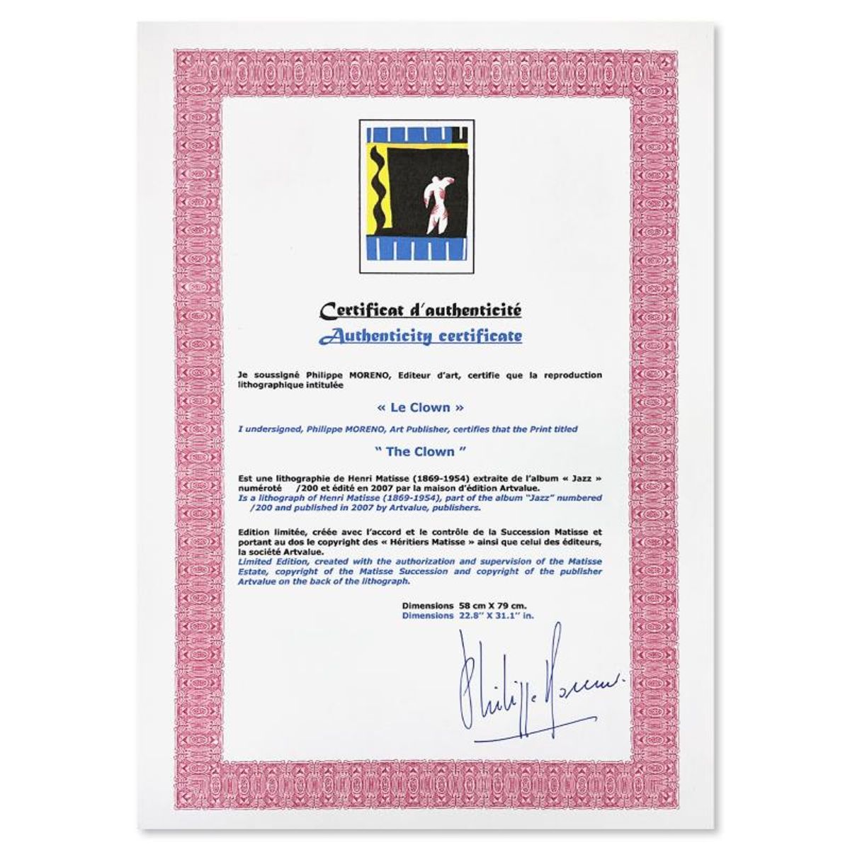 Henri Matisse 1869-1954 (After), "Le Clown (The Clown)" Framed Limited Edition Lithograph with Certificate of Authenticity.