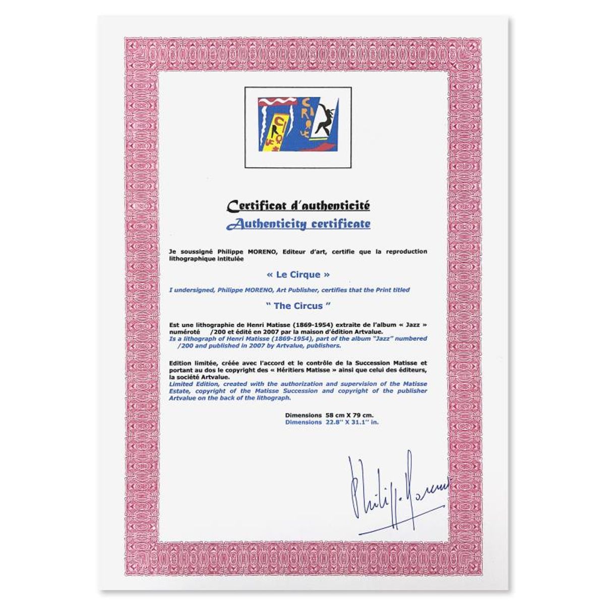 Henri Matisse 1869-1954 (After), " Le Cirque (The Circus)" Framed Limited Edition Lithograph with Certificate of Authenticity.