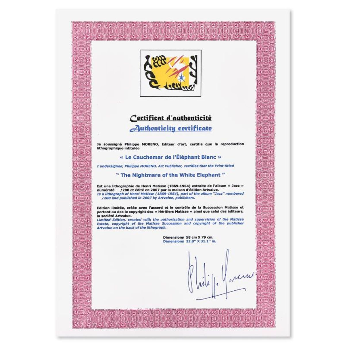 Henri Matisse 1869-1954 (After), "Le Cauchemar de l'Elephant Blanc" Framed Limited Edition Lithograph with Certificate of Authenticity.