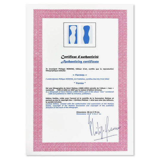 Henri Matisse 1869-1954 (After), "Formes (Forms)" Framed Limited Edition Lithograph with Certificate of Authenticity.